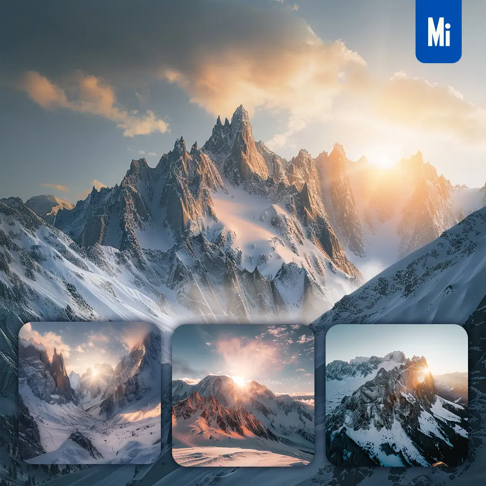 midjourney prompt snow mountain snowy sun sunset sunrise landscape photography