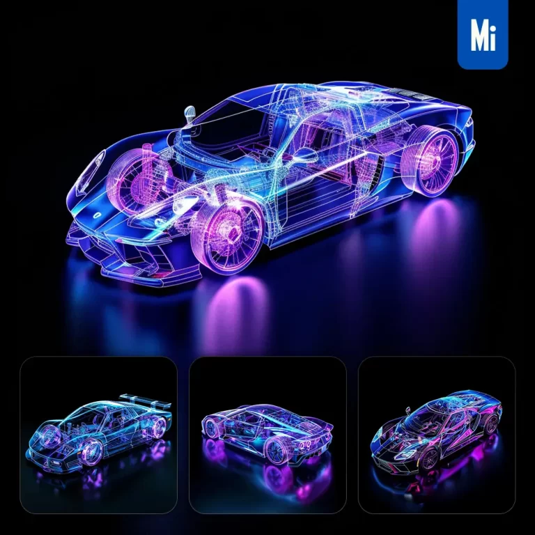 midjourney prompt sports car roadster 3D blue transparent structure