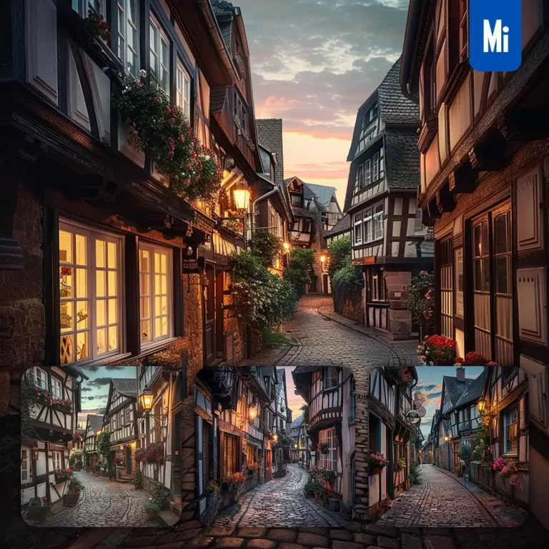 midjourney prompt street lamp European town house flower wood lane landscape photography