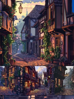 Midjourney Prompt Street Lamp European Town House Flower Wood Lane Pixel Art Illustration