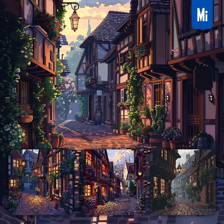 midjourney prompt street lamp European town house flower wood lane pixel art illustration