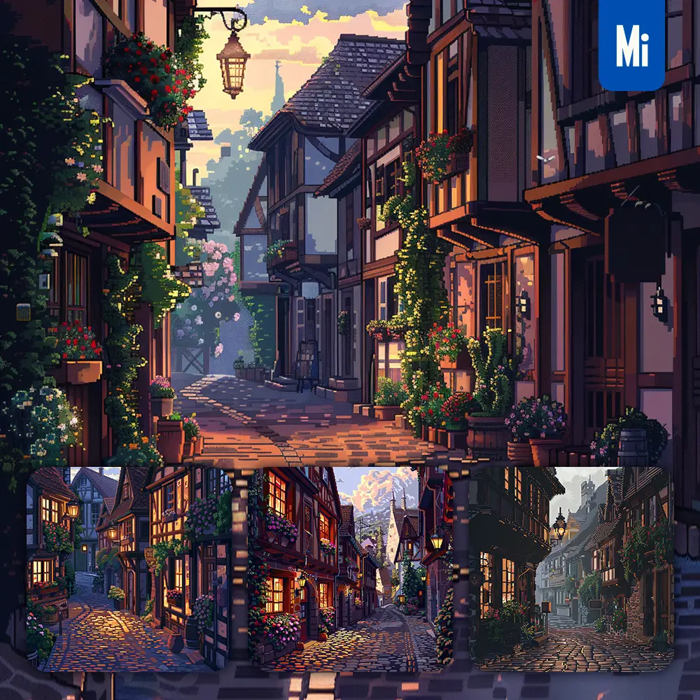 Midjourney Prompt Street Lamp European Town House Flower Wood Lane Pixel Art Illustration
