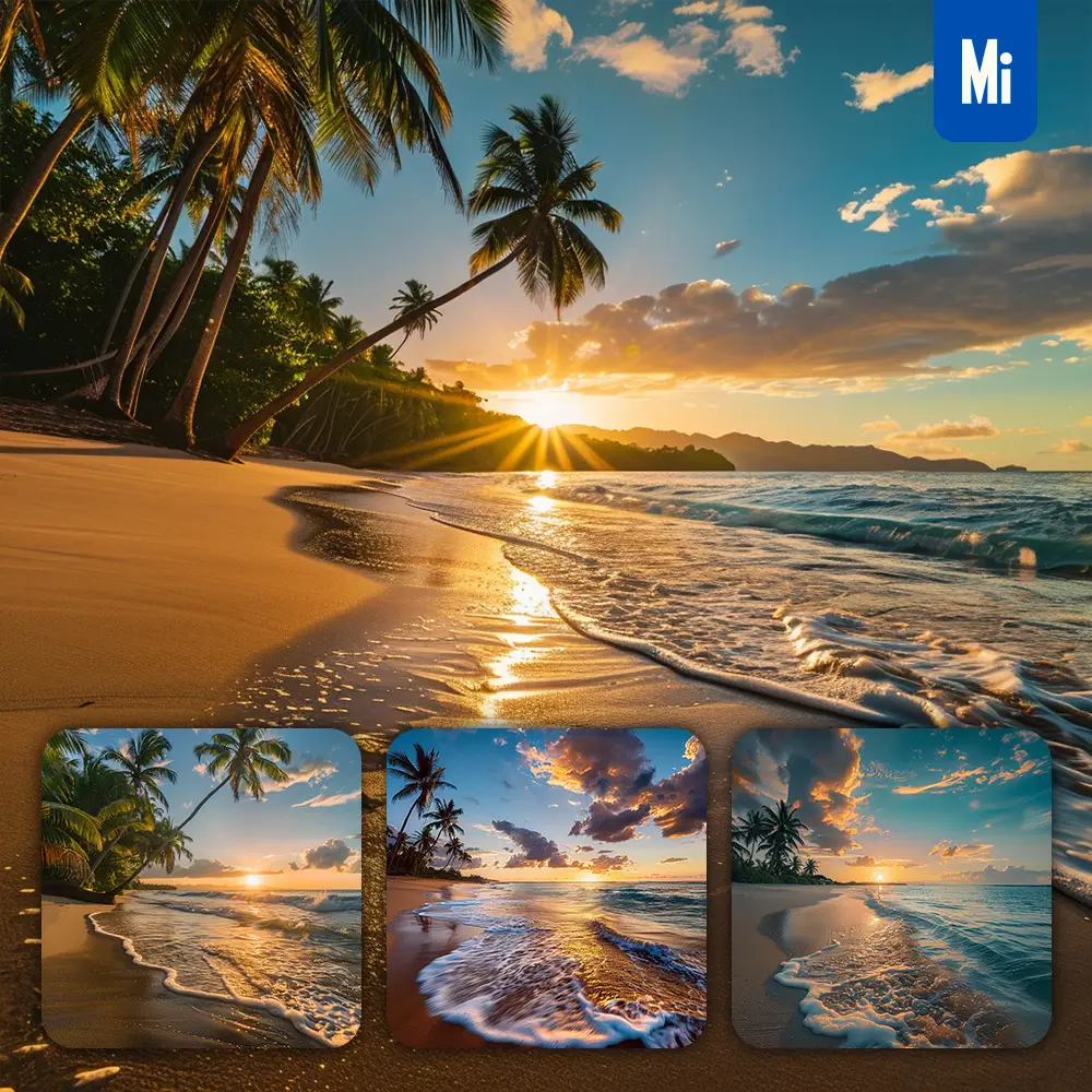 Midjourney Prompt Sun Beach Sunset Sand Palm Tree Horizon Landscape Photography