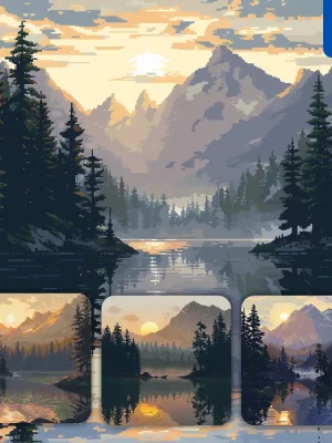 Midjourney Prompt Sun Mountain Lake Sunset Sunrise Pine Tree Mist Pixel Art Illustration