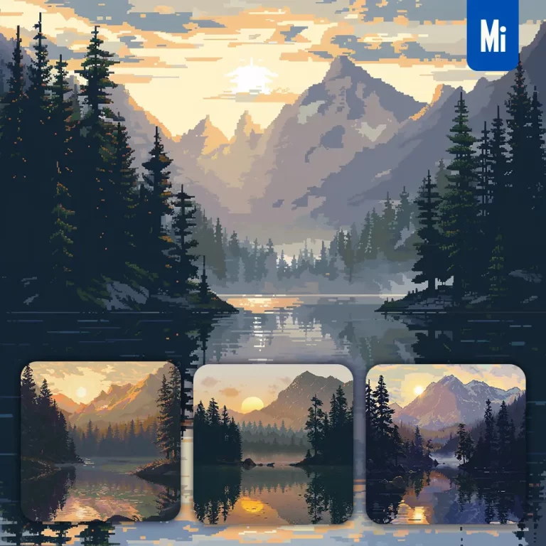 midjourney prompt sun mountain lake sunset sunrise pine tree mist pixel art illustration