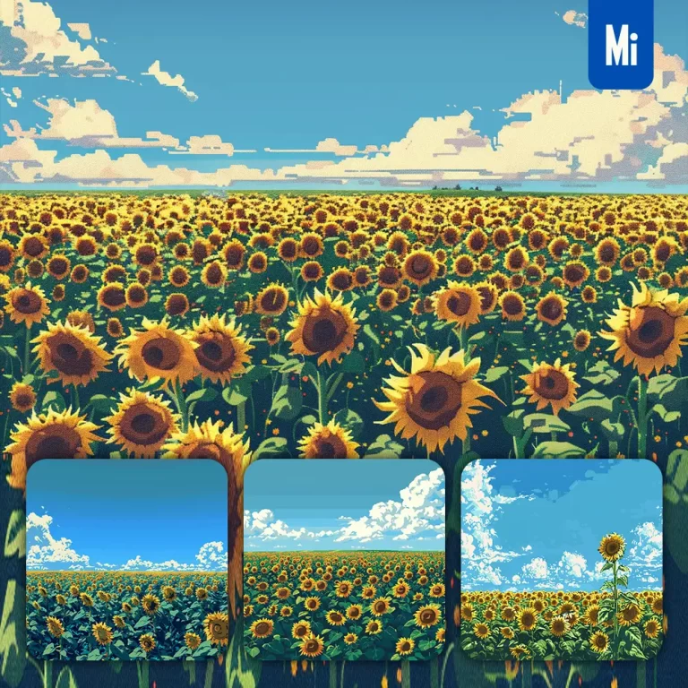 midjourney prompt sunflower sky field cloud pixel art illustration
