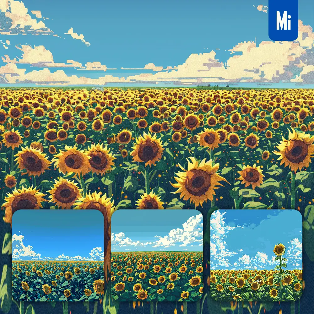 Midjourney Prompt Sunflower Sky Field Cloud Pixel Art Illustration