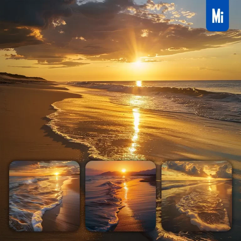 midjourney prompt sunset beach golden sandy sand wave sun landscape photography