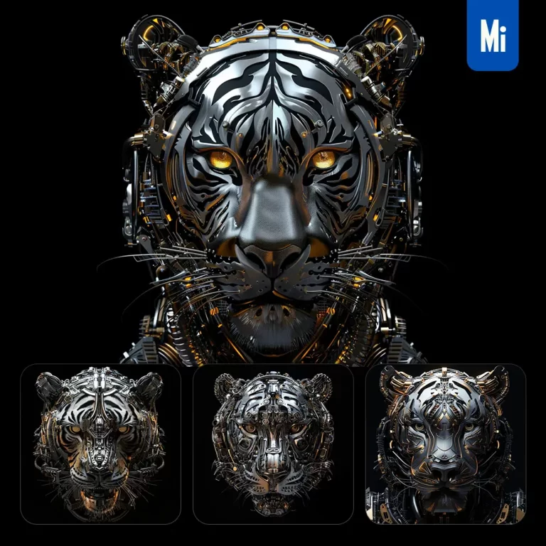 midjourney prompt tiger mechanical head 3D mecha robotic science fiction AI