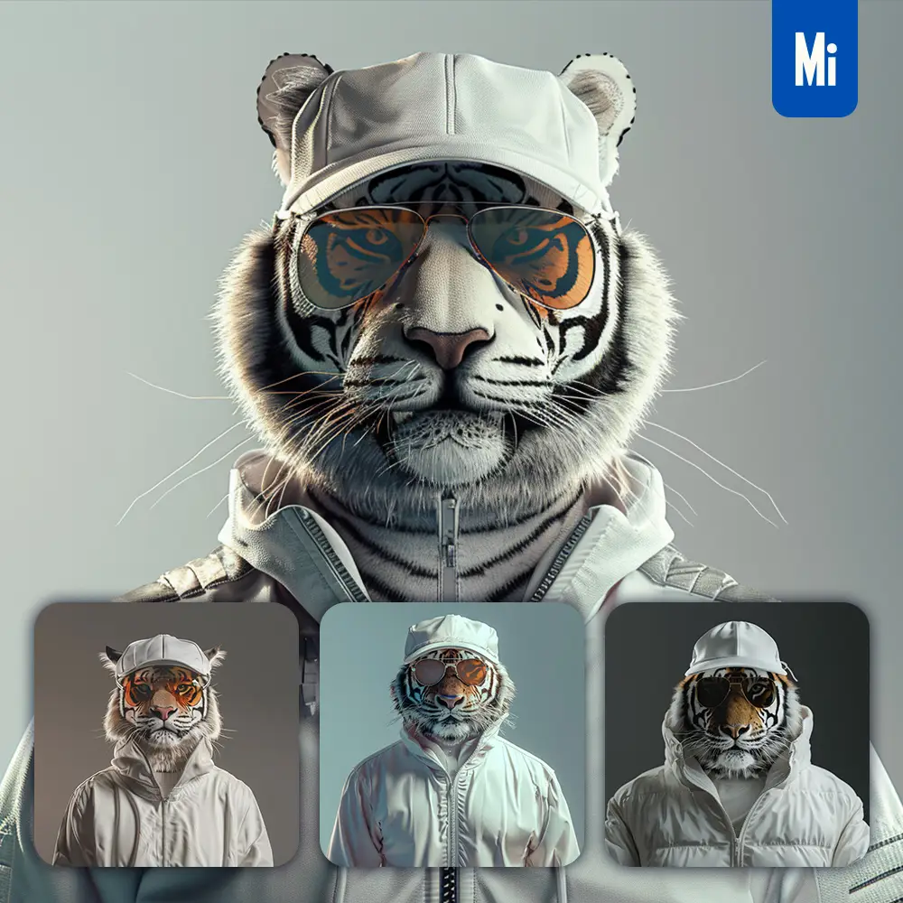 midjourney prompt tiger portrait man cap tracksuit white photography