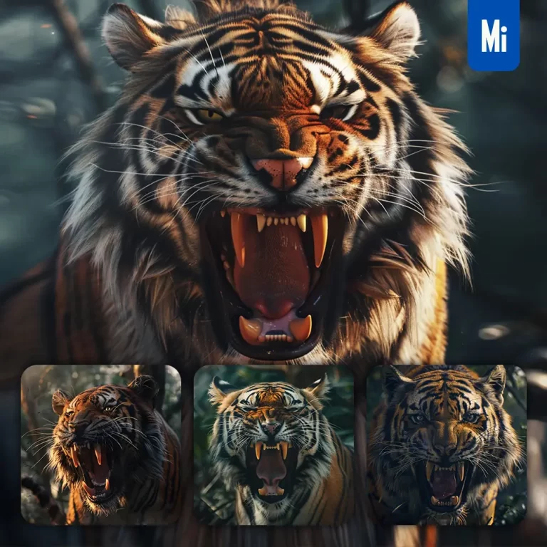 midjourney prompt tiger roar teeth angry dangerous photography