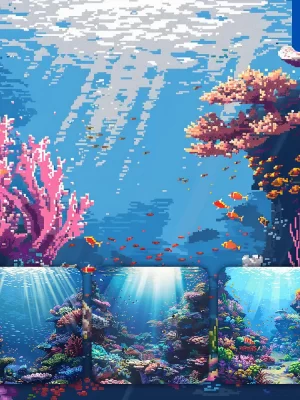 Midjourney Prompt Underwater Coral Reef Fish Lighting Swimming Ocean Sea Water Pixel Art Illustration