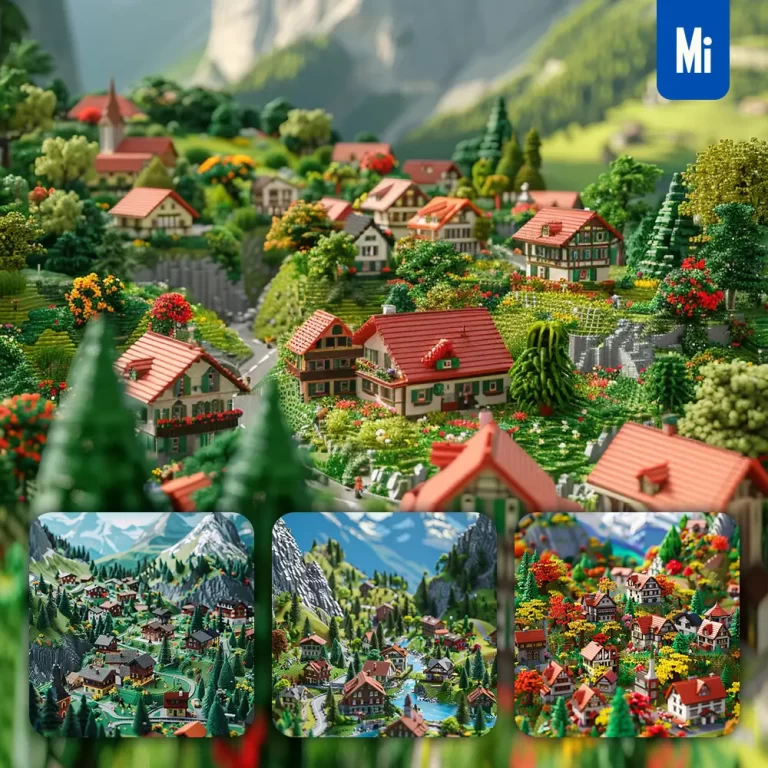 midjourney prompt village house mountain assembled 3D lego model scene