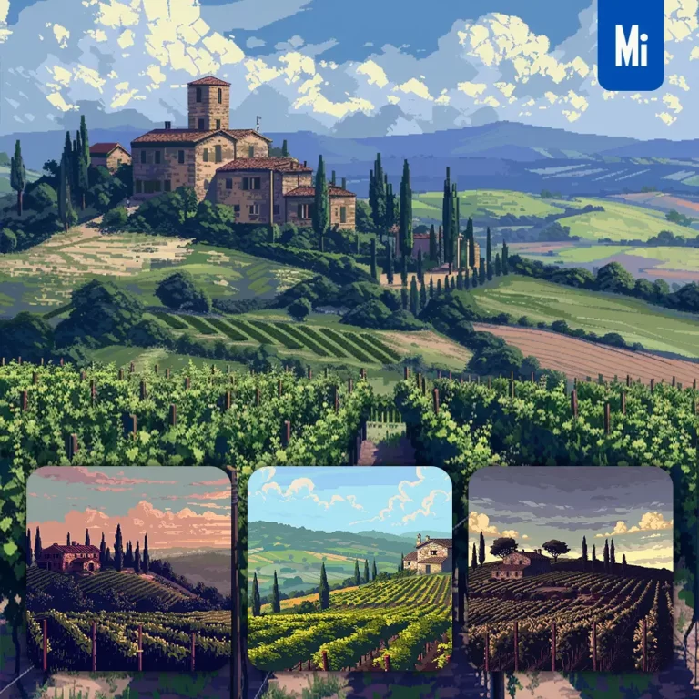 midjourney prompt vineyard grapevine farmhouse tree hill sky pixel art illustration