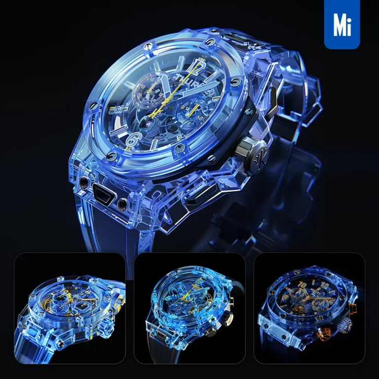 midjourney prompt watch 3D blue transparent structure