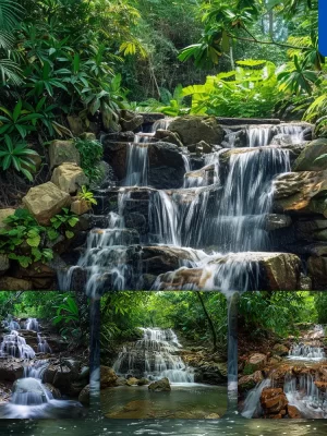 Midjourney Prompt Waterfall Rainforest Water Rock Foliage Leaf Landscape Photography