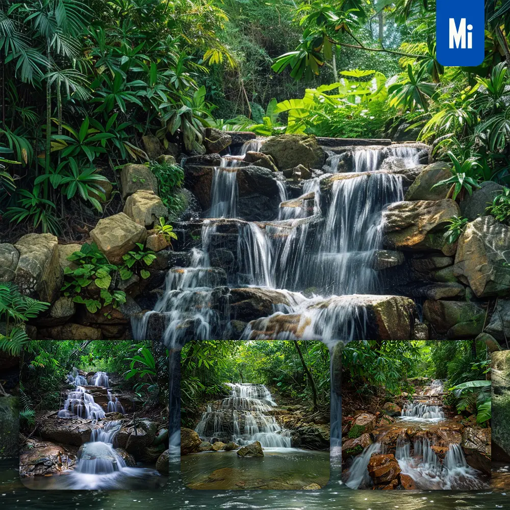Midjourney Prompt Waterfall Rainforest Water Rock Foliage Leaf Landscape Photography