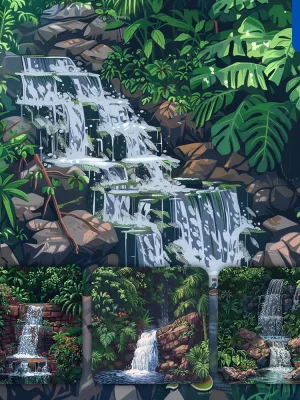 Midjourney Prompt Waterfall Rainforest Water Rock Foliage Leaf Pixel Art Illustration