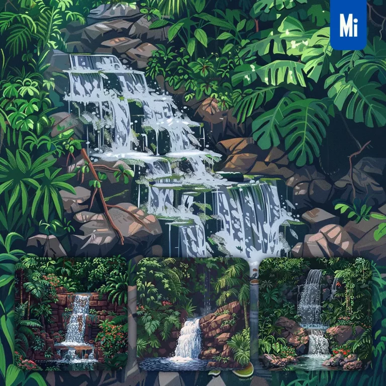 midjourney prompt waterfall rainforest water rock foliage leaf pixel art illustration