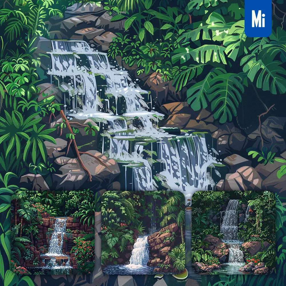 Midjourney Prompt Waterfall Rainforest Water Rock Foliage Leaf Pixel Art Illustration