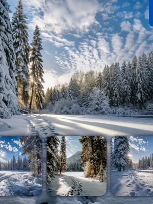 Midjourney Prompt Winter Snowy Forest Lake Tree Frozen Sunlight Landscape Photography