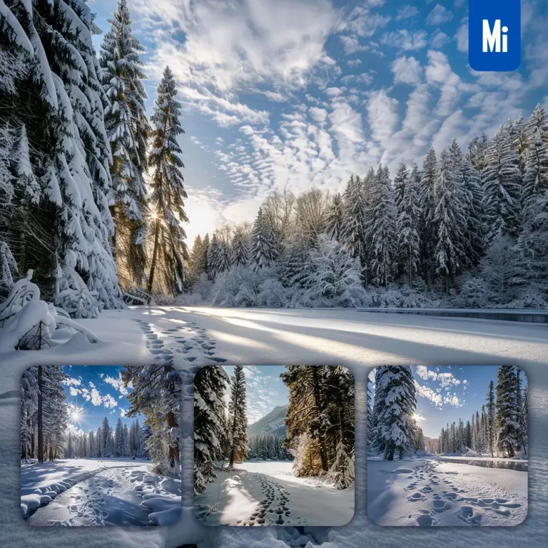 midjourney prompt winter snowy forest lake tree frozen sunlight landscape photography