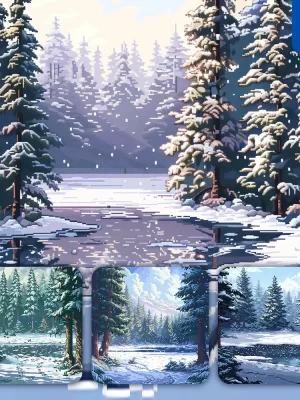 Midjourney Prompt Winter Snowy Forest Lake Tree Frozen Sunlight Pixel Art Illustration