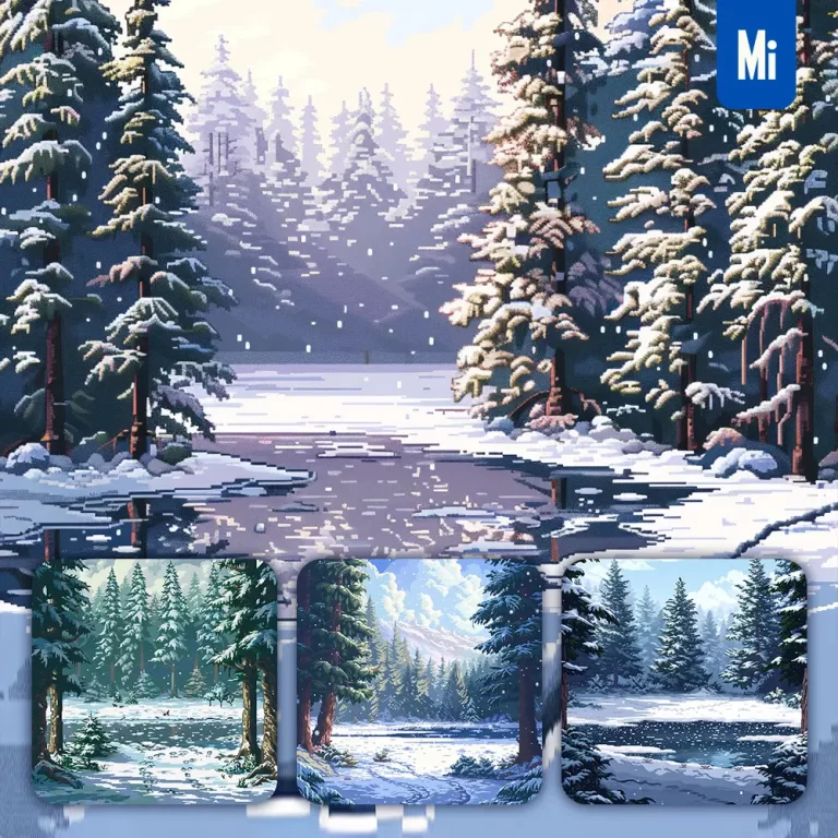 midjourney prompt winter snowy forest lake tree frozen sunlight pixel art illustration
