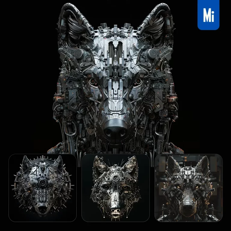 midjourney prompt wolf mechanical head 3D mecha robotic science fiction AI