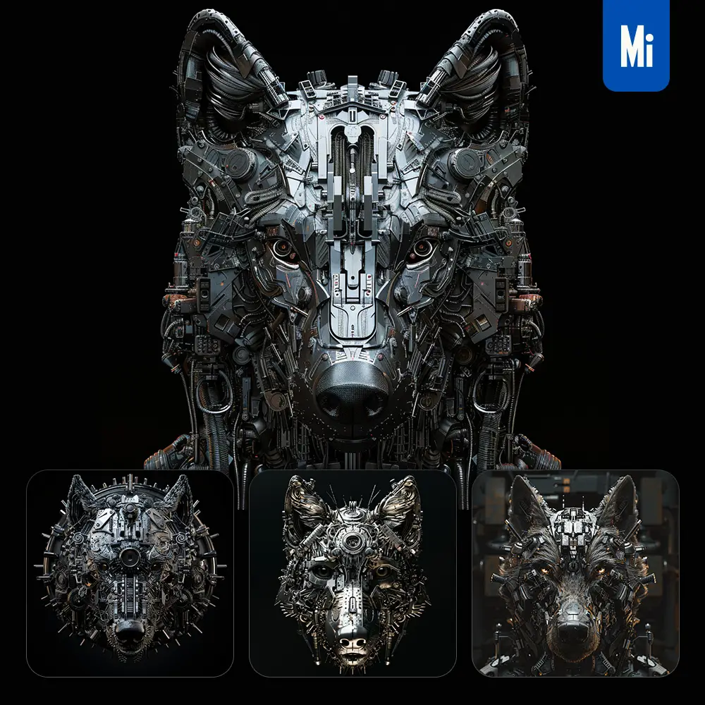 midjourney prompt wolf mechanical head 3D mecha robotic science fiction AI