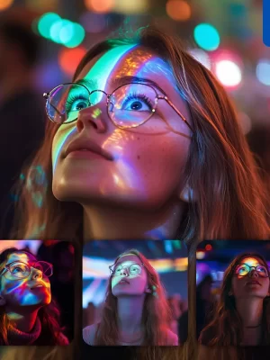 Midjourney Prompt Woman Girl Lady Colorful Look Up Light Face Head Glasses Photography