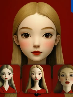 Midjourney Promp Grotesque Dark Exaggerated Red Beautiful Woman Girl Lady Face Portrait Animation Cartoon
