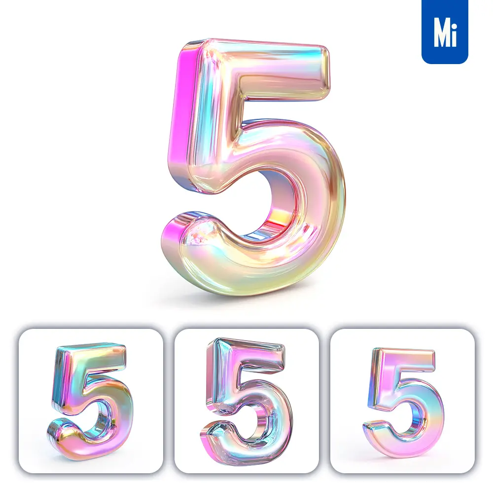 midjourney prompt 5 number 3D pastel hologram holographic colorful icon model