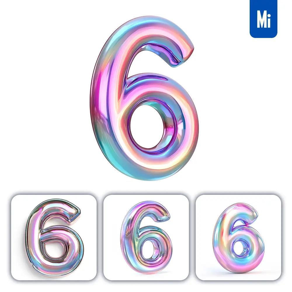 midjourney prompt 6 number 3D pastel hologram holographic colorful icon model