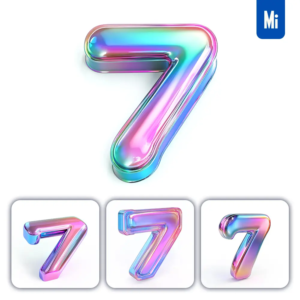 midjourney prompt 7 number 3D pastel hologram holographic colorful icon model