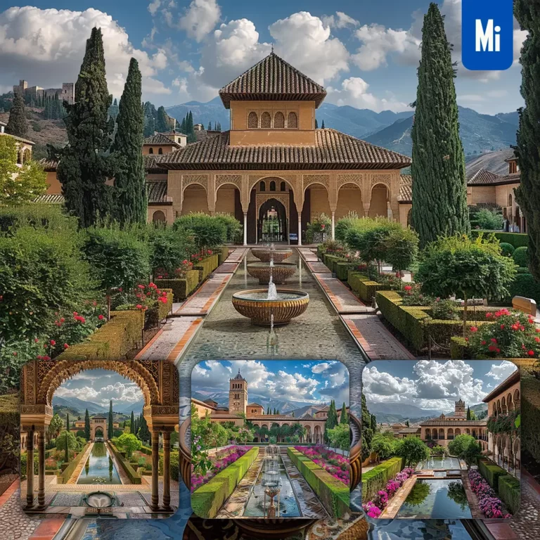 midjourney prompt Alhambra hill palace garden courtyard pool landscape photography