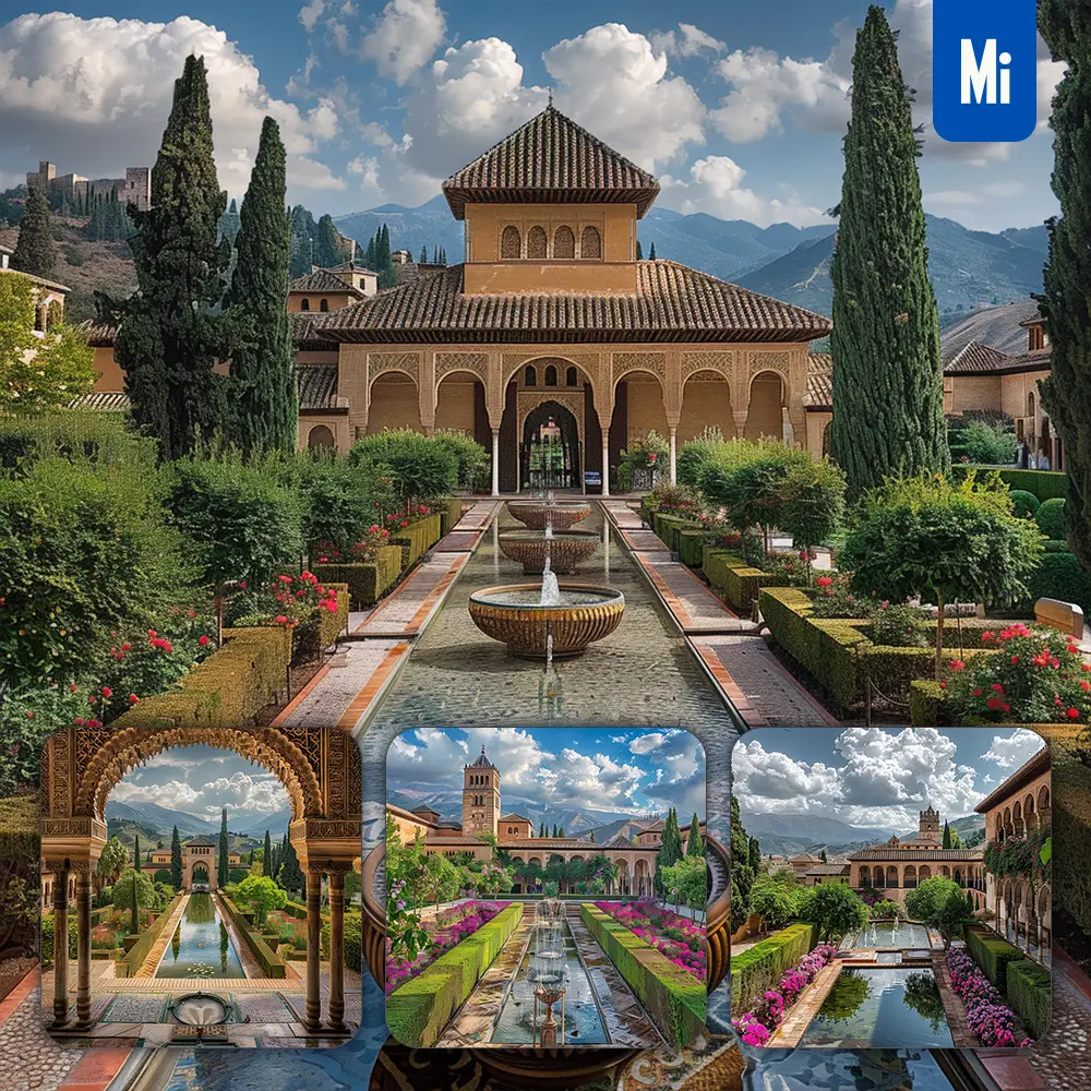 Midjourney Prompt Alhambra Hill Palace Garden Courtyard Pool Landscape Photography