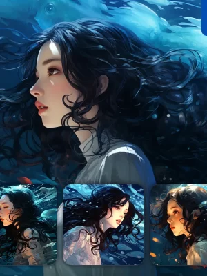 Midjourney Prompt Asian Girl Woman Lady Hair Water Cyan Azure Sea Face Portrait Profile Mermaid Underwater Light Comic Cartoon Oil Painting