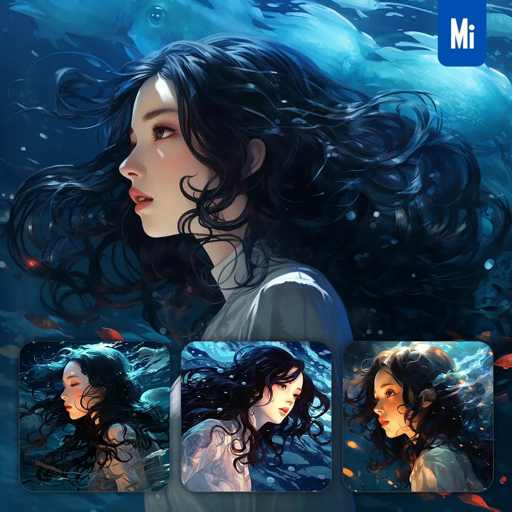 midjourney prompt Asian girl woman lady hair water cyan azure sea face portrait profile mermaid underwater light comic cartoon oil painting