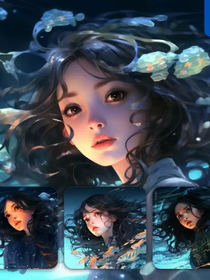 Midjourney Prompt Asian Oriental Girl Woman Lady Hair Water Cyan Azure Sea Face Portrait Mermaid Underwater Light Comic Cartoon Oil Painting