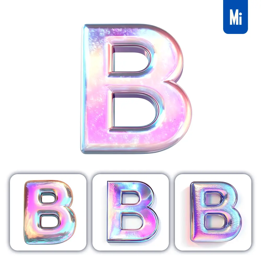 midjourney prompt B letter 3D pastel hologram holographic colorful icon model