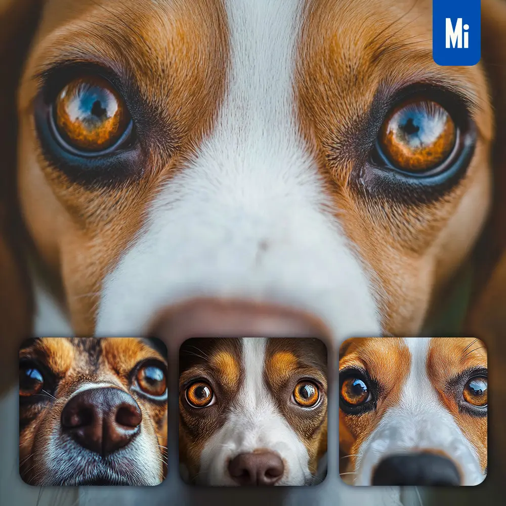 midjourney prompt Beagle dog eyes head straight face detailed close up photography