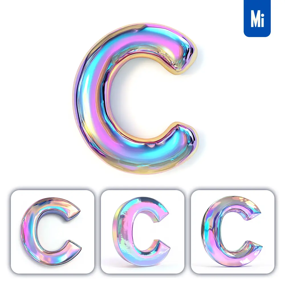 midjourney prompt C letter 3D pastel hologram holographic colorful icon model