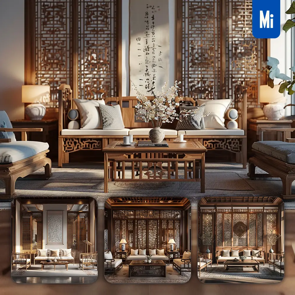 midjourney prompt Chinese traditional living room chair wooden furniture home screen redwood photography
