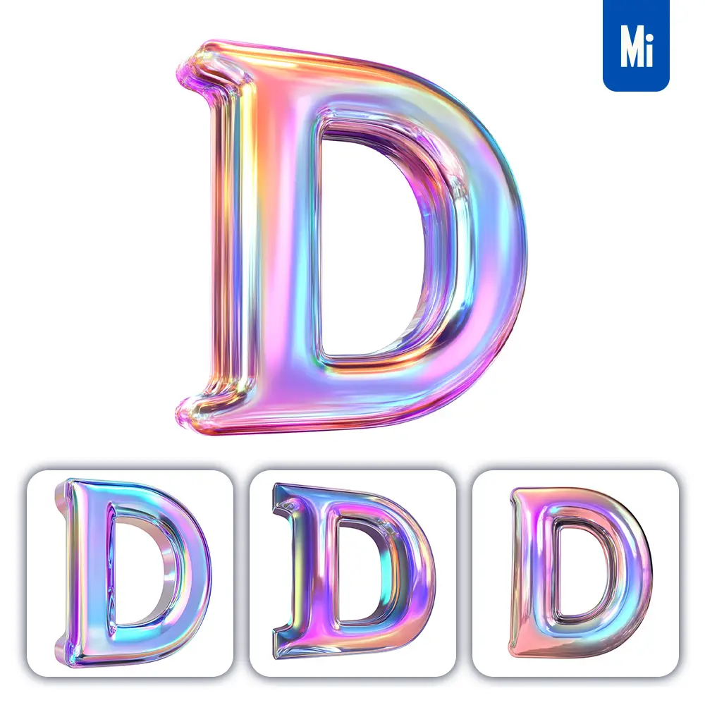 midjourney prompt D letter 3D pastel hologram holographic colorful icon model