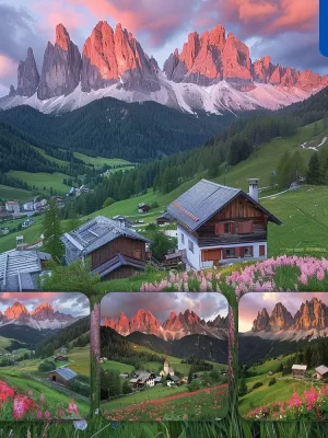 Midjourney Prompt Dolomites Mountain Peak Sunrise Valley Cliff Village Wooden Chalet House Landscape Photography