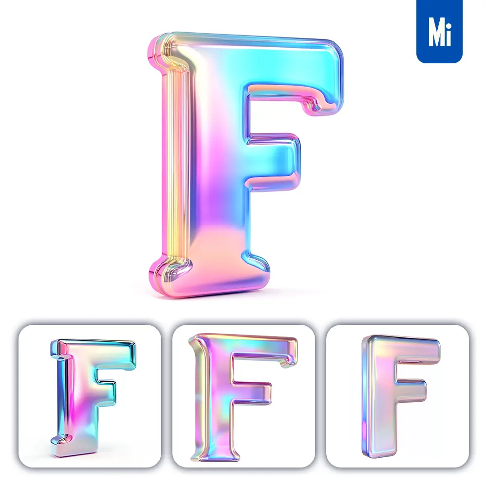 midjourney prompt F letter 3D pastel hologram holographic colorful icon model