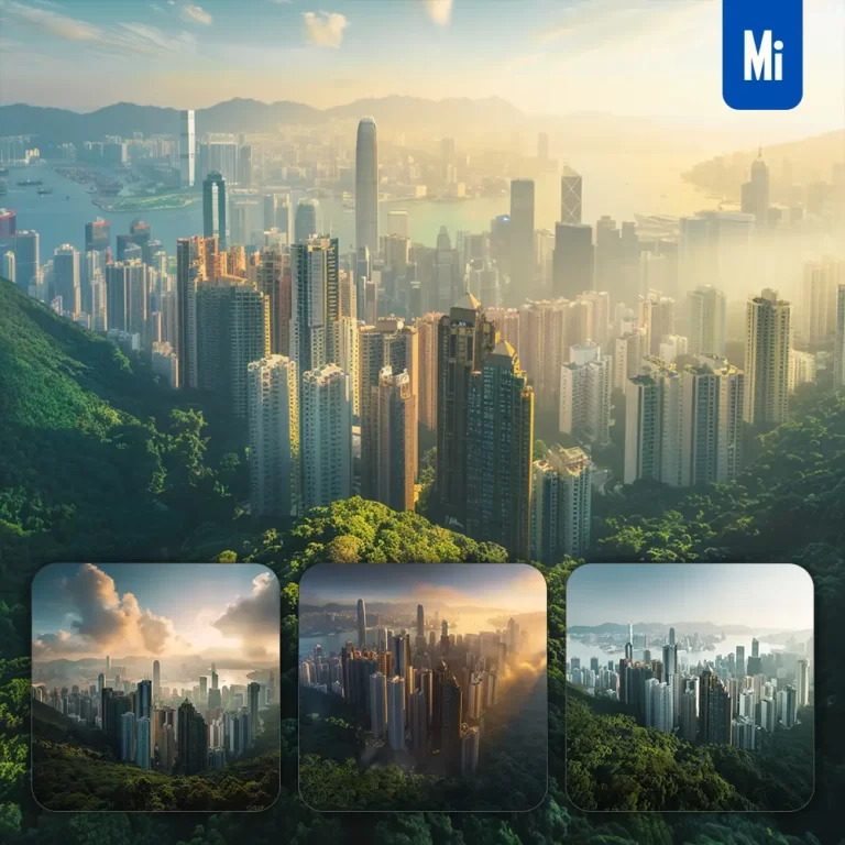 midjourney prompt Hong Kong skyline morning skyscraper building tower harbor hill landscape photography