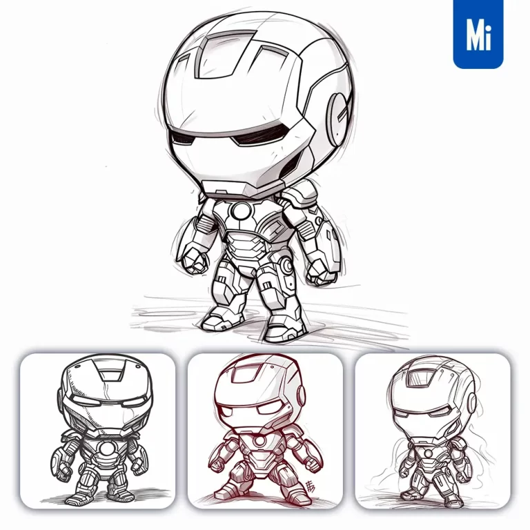 midjourney prompt Iron Man artwork line black and white cute drawing Marvel sketch