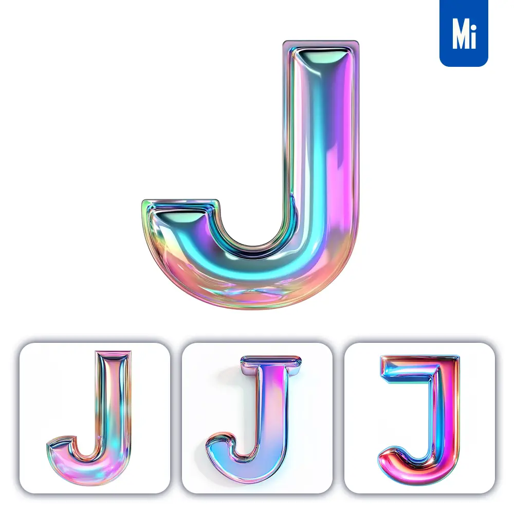 midjourney prompt J letter 3D pastel hologram holographic colorful icon model